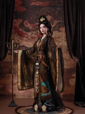Wei Jin Dynasty Qiyao Ruqun Hanfu Nine Songs fantasy robe in dark brown with wide sleeves, golden trim, waist tassel and cyan landscape skirt patterns