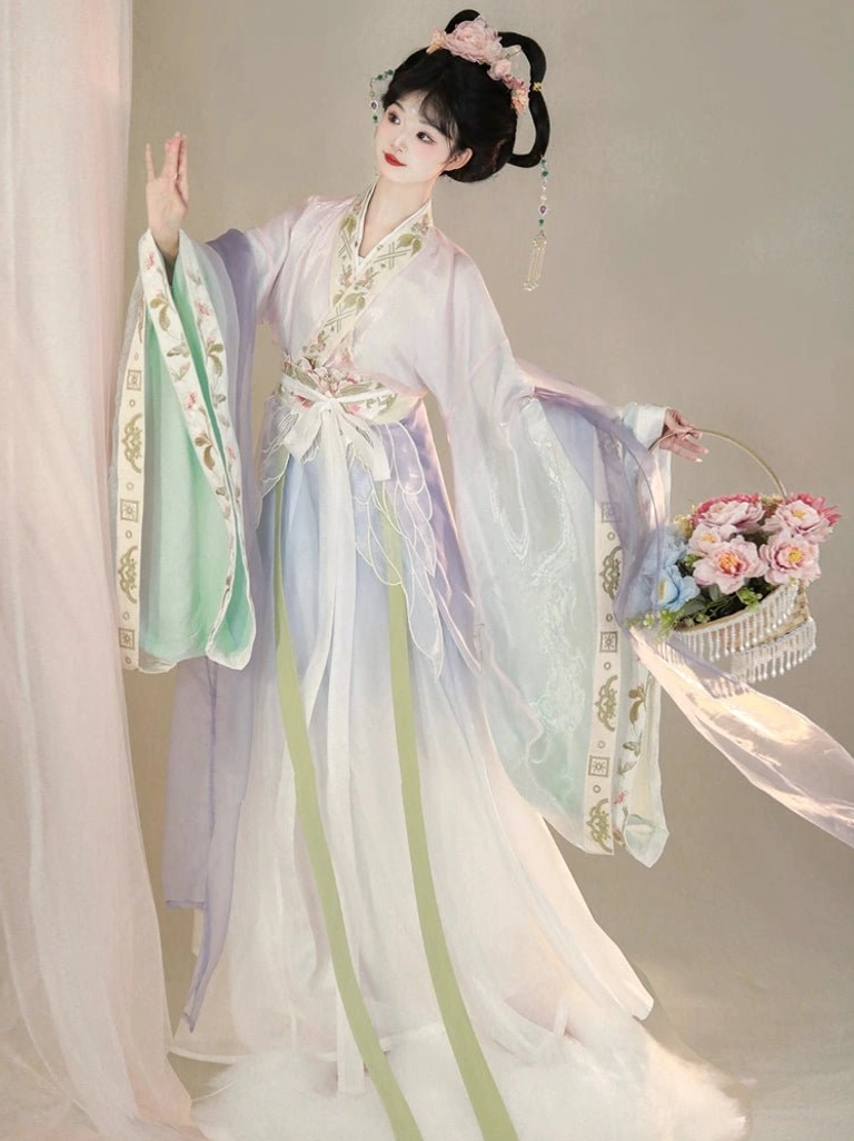 Wei Jin Dynasty Qiyao Ruqun Hanfu in pastel lavender and white with wide embroidered sleeves, flowing skirt, waist sash, and traditional Chinese styling