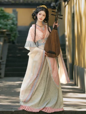 Wei Jin Dynasty Qiyao Ruqun Hanfu full front view with pastel layered wide sleeves and ruffled skirt hem in an ancient stone stair alley
