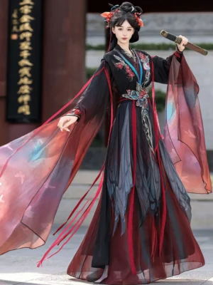 Black and wine red Wei Jin Dynasty Qiyao Ruqun Hanfu Pojian with sheer gradient sleeves embroidered waist ornament long red ribbons and female model holding a wooden sword