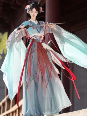 Cyan and wine red Wei Jin Dynasty Qiyao Ruqun Hanfu Pojian full set with flowing wide sleeves embroidered butterfly waist decoration and female model holding a traditional Chinese sword in an ancient courtyard