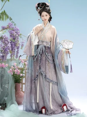 Purple gray Wei Jin Dynasty Qiyao Ruqun Hanfu with apricot cross collar top, gradient pleated skirt, embroidered waistband, and sheer wide outer sleeves