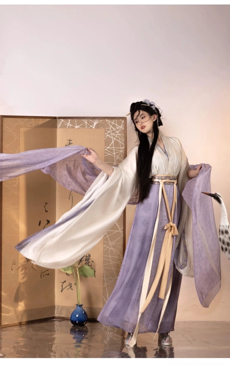 Three-quarter view of purple and ivory Wei Jin Dynasty Qiyao Ruqun Hanfu with layered wide sleeves and long flowing purple silk scarves