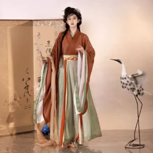 Wei Jin Dynasty Qiyao Ruqun Hanfu full set in rust red, green, and white with layered wide sleeves, pleated skirt, and flowing waist ribbons