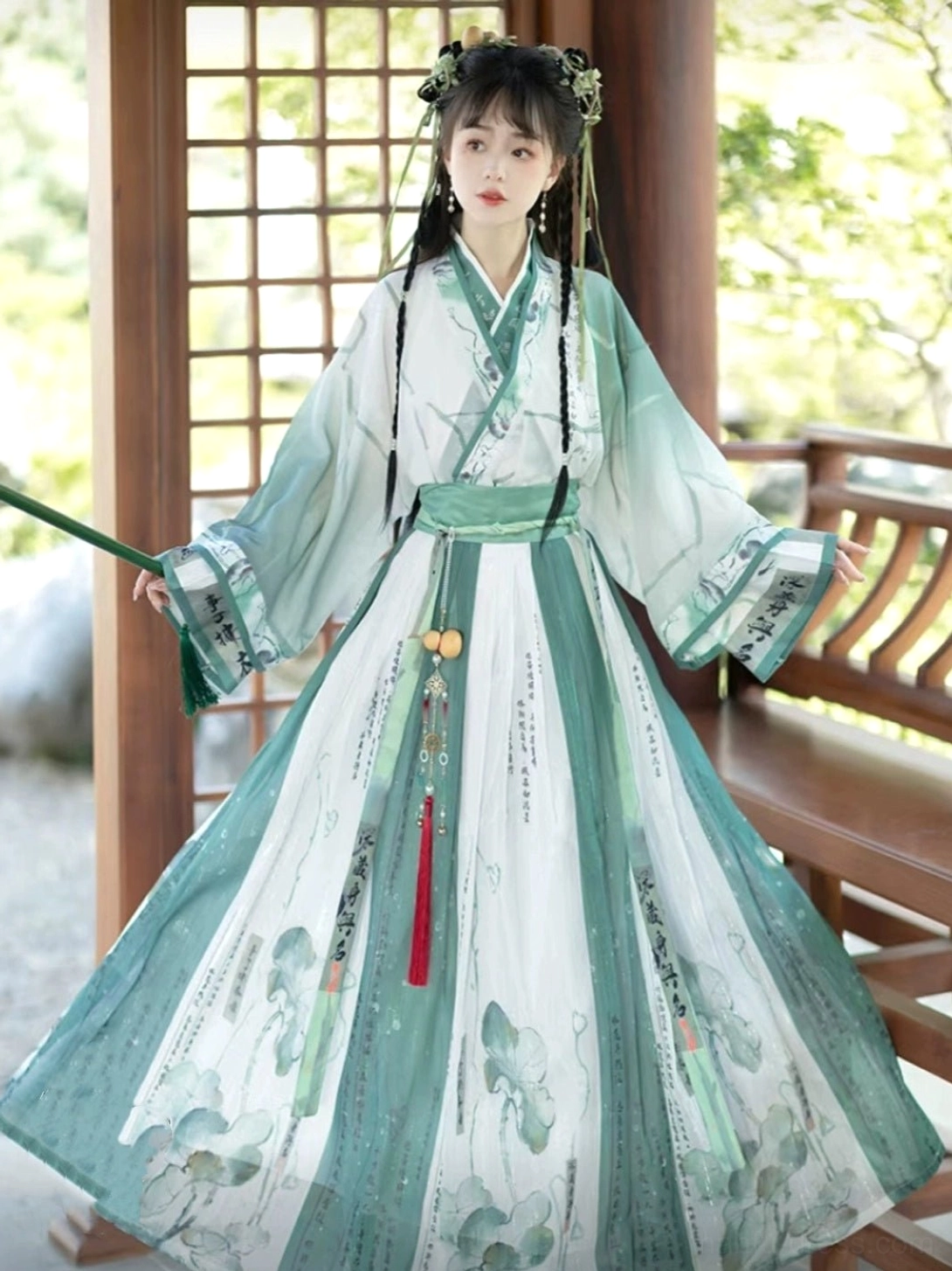Wei Jin Dynasty Qiyao Ruqun Hanfu set with lotus ink-wash prints and flowing traditional Chinese silhouette