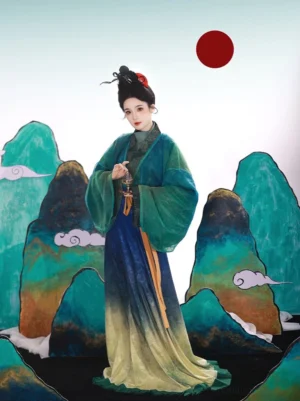 Front three-quarter view of a woman wearing a Wei Jin Dynasty Qiyao Ruqun Hanfu with a sheer teal wide-sleeved outer robe, deep navy to cream gradient skirt, traditional hairstyle, and tassel waist pendant