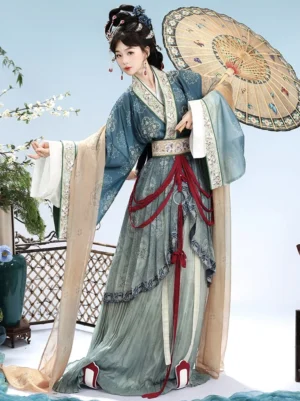 Wei Jin Dynasty Qiyao Ruqun Hanfu in teal and sage green with gradient cross collar top, pleated skirt, red tassel waist ties, embroidered sleeve trim, and traditional Chinese umbrella