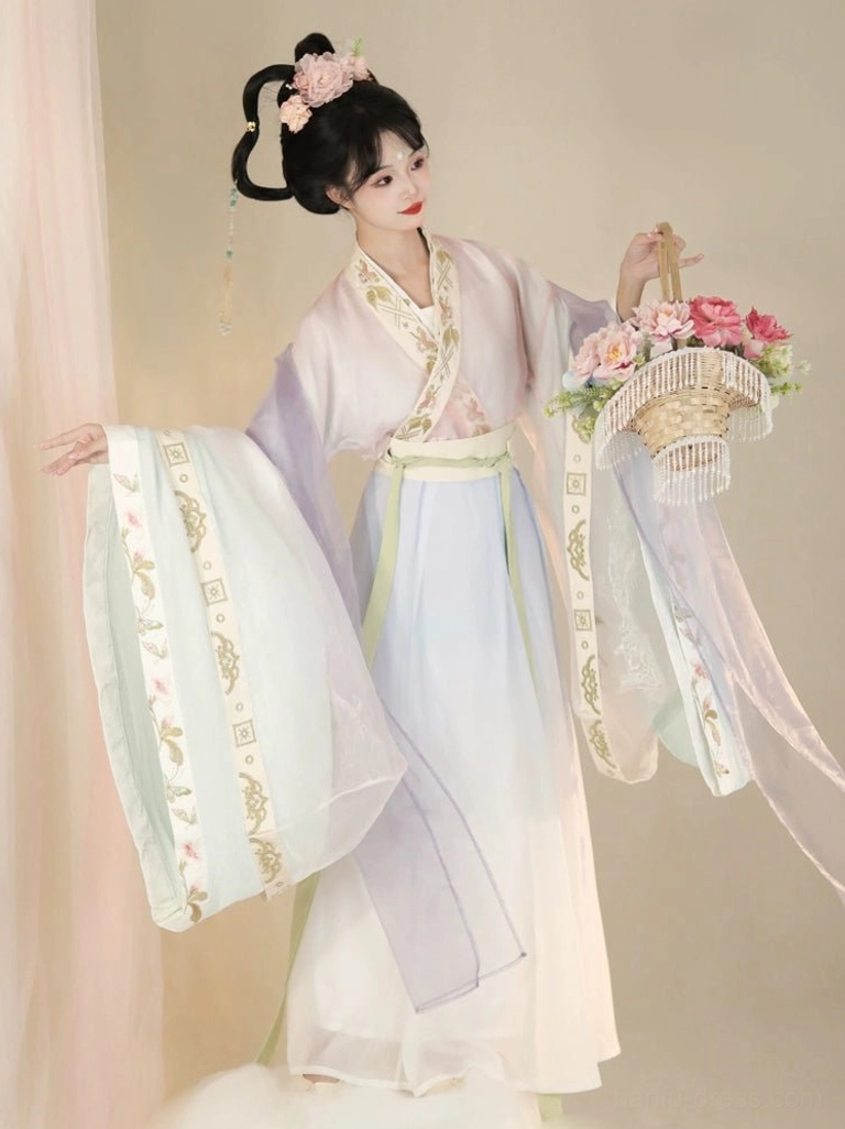 Wei Jin Dynasty-inspired Qiyao Ruqun Hanfu with white wide sleeves, gold embroidery, simple waist sash, and graceful traditional silhouette