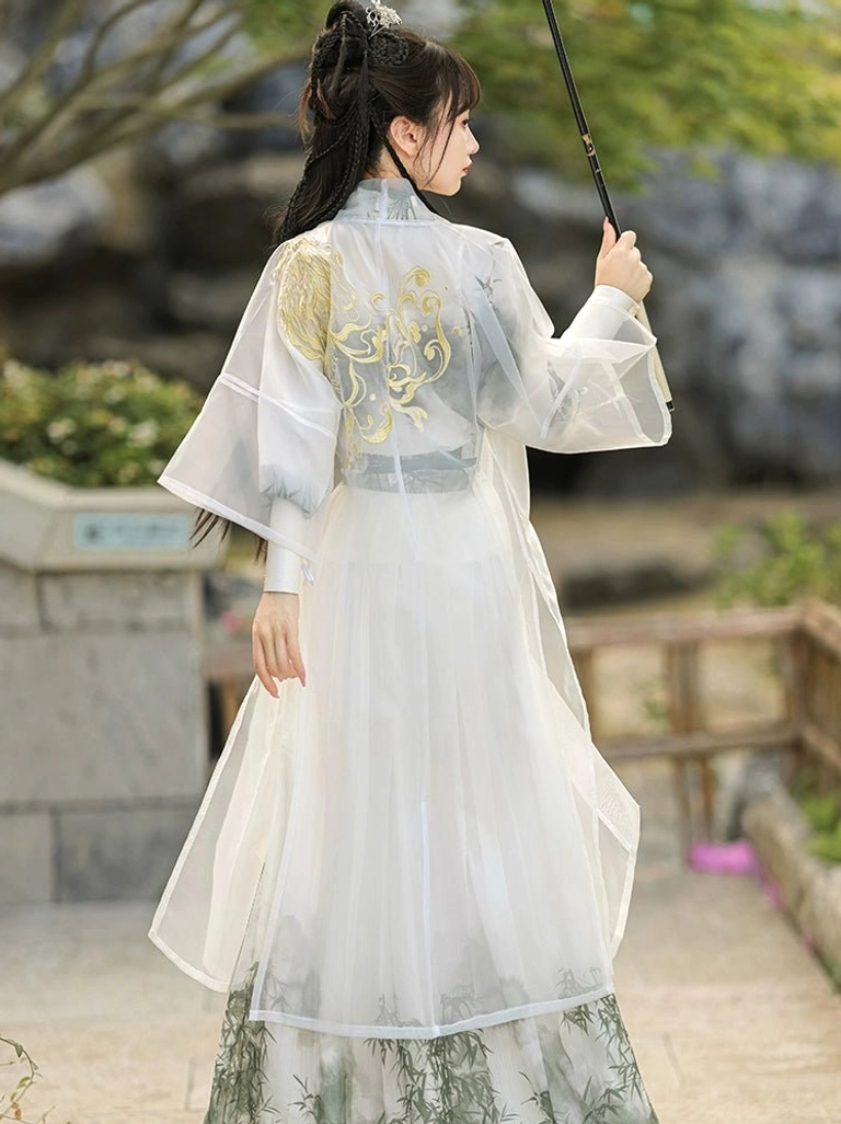 Wei Jin Dynasty swordsman Hanfu full back view showing sheer outer robe gold dragon embroidery and bamboo print skirt