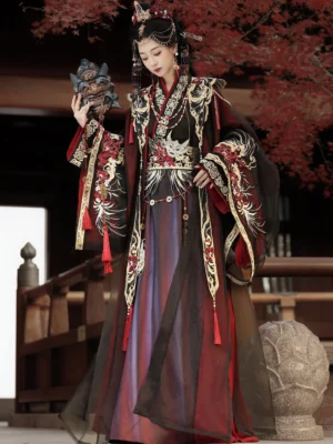 Front three-quarter view of a women's Wei Jin Dynasty Ghost Warrior Qiyao Ruqun Hanfu set with black and red layers, gradient purple pleated skirt, mythical beast embroidery, wide sleeves, tassels, and traditional hair ornaments