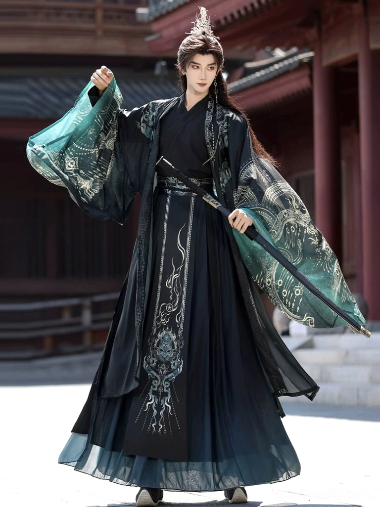 Black Hanfu for men with silver ornamental print, teal sleeve lining, and flowing outer robe