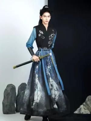 Front view of a Wei-Jin inspired men's wuxia Hanfu costume featuring silver floral embroidery, sheer blue sleeves, ink-style white tiger skirt, and matching waist accessory