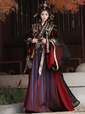 Front view of a Wei Jin Dynasty Qiyao Ruqun Hanfu costume featuring embroidered collar and sleeves, waist tassels, flowing purple skirt, dark fantasy styling, and ornate Chinese hair accessories
