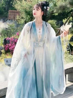 Side view of Wei Jin Dynasty inspired Qiyao Ruqun Hanfu with ivory to cyan sheer robe embroidered waist belt and flowing sleeves