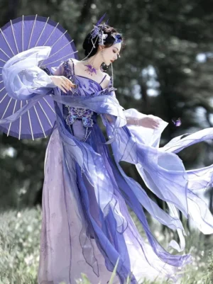 Wei Jin Dynasty Qiyao Ruqun Hanfu three-quarter view with flowing translucent ribbons, purple gradient fabric, wide flutter sleeves, butterfly accessories, and a purple Chinese folding umbrella