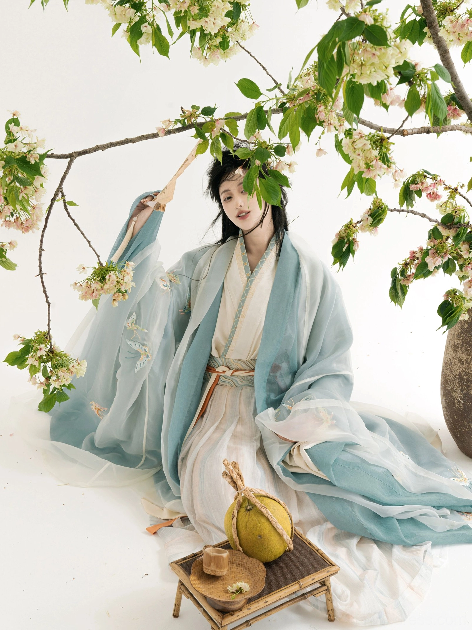 Wei Jin style layered Qiyao Ruqun Hanfu seated model view showing flowing sheer sleeves classic cross collar structure and butterfly embroidery