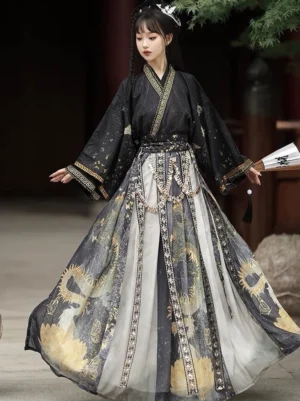 Side three quarter view of a Wei Jin style qiyao ruqun Hanfu with dark glossy golden dragon skirt, gold trimmed cross collar top, folding fan, and traditional hair ornaments