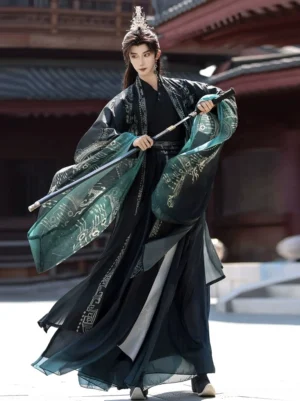 Black Wei Jin unisex Hanfu set with teal flowing immortal sleeves and long wrap skirt for men