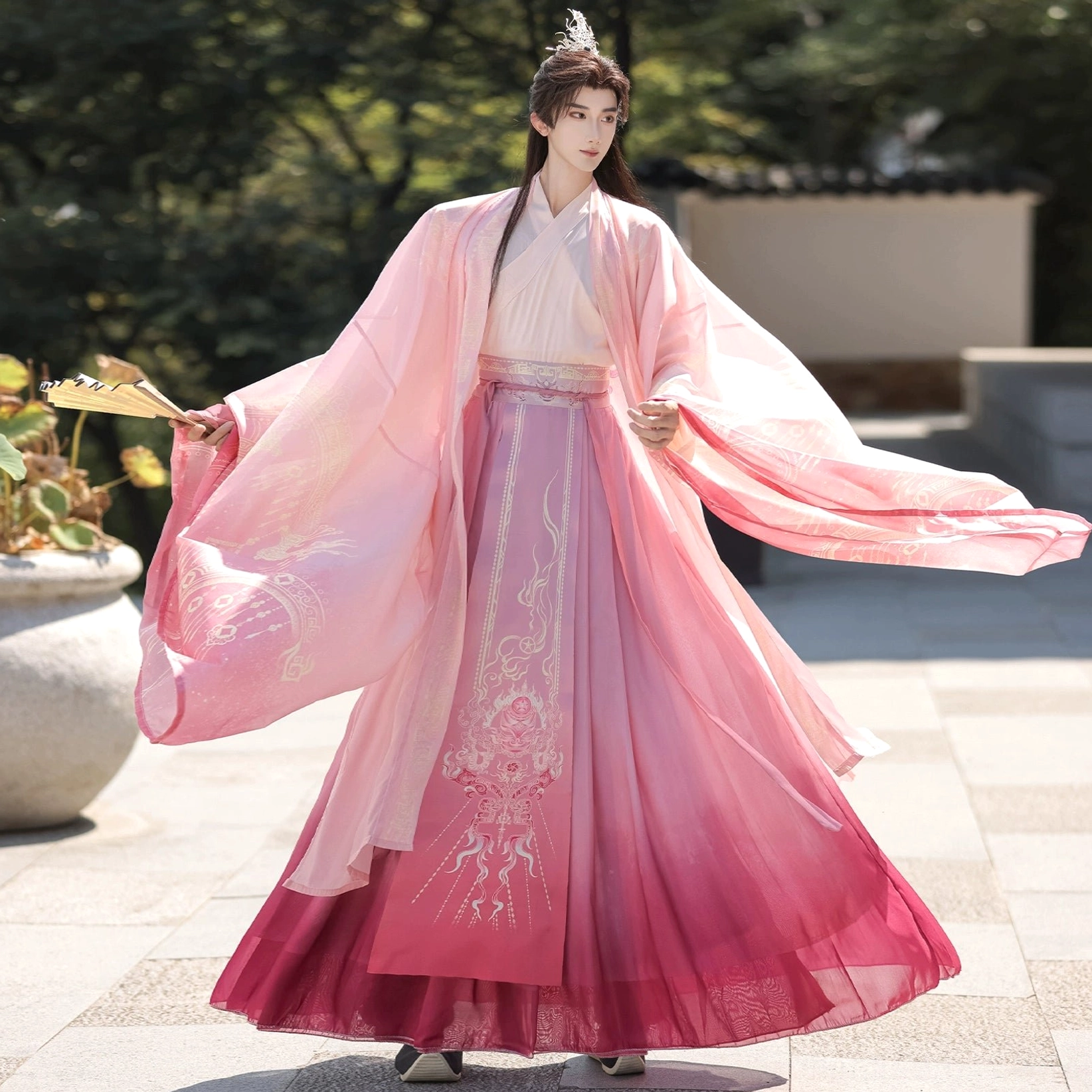 Pink Wei Jin unisex Hanfu set with flowing immortal sleeves, wrap skirt, and outer coat
