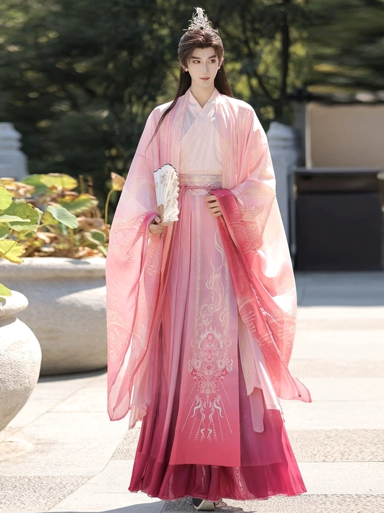 Pink gradient unisex Hanfu set with cross collar, wrap skirt, and soft wide immortal sleeves