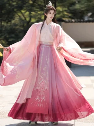Pink Wei Jin unisex Hanfu with gradient rose wrap skirt and wide flowing immortal sleeves
