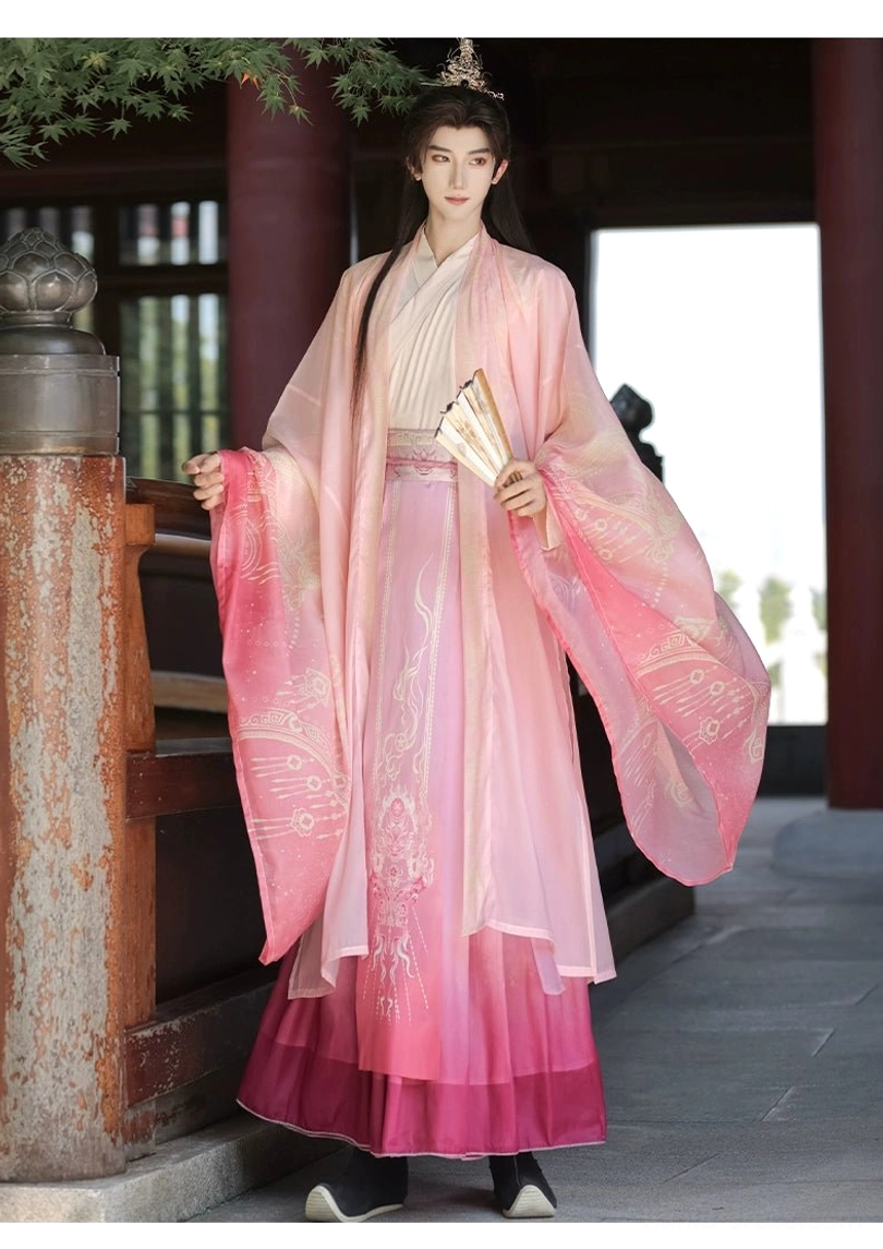 Pink Wei Jin Hanfu complete set with romantic gradient skirt, cross collar, and flowing sleeves