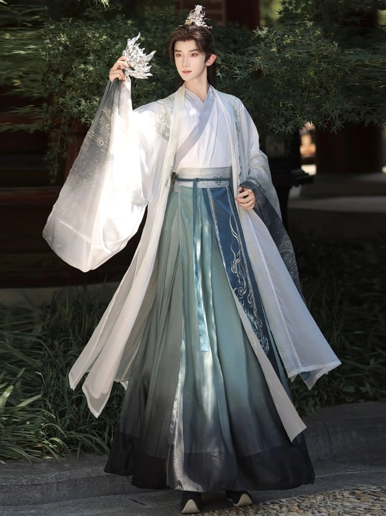 White and blue gray Wei Jin unisex Hanfu with cloud print wrap skirt and flowing sleeves