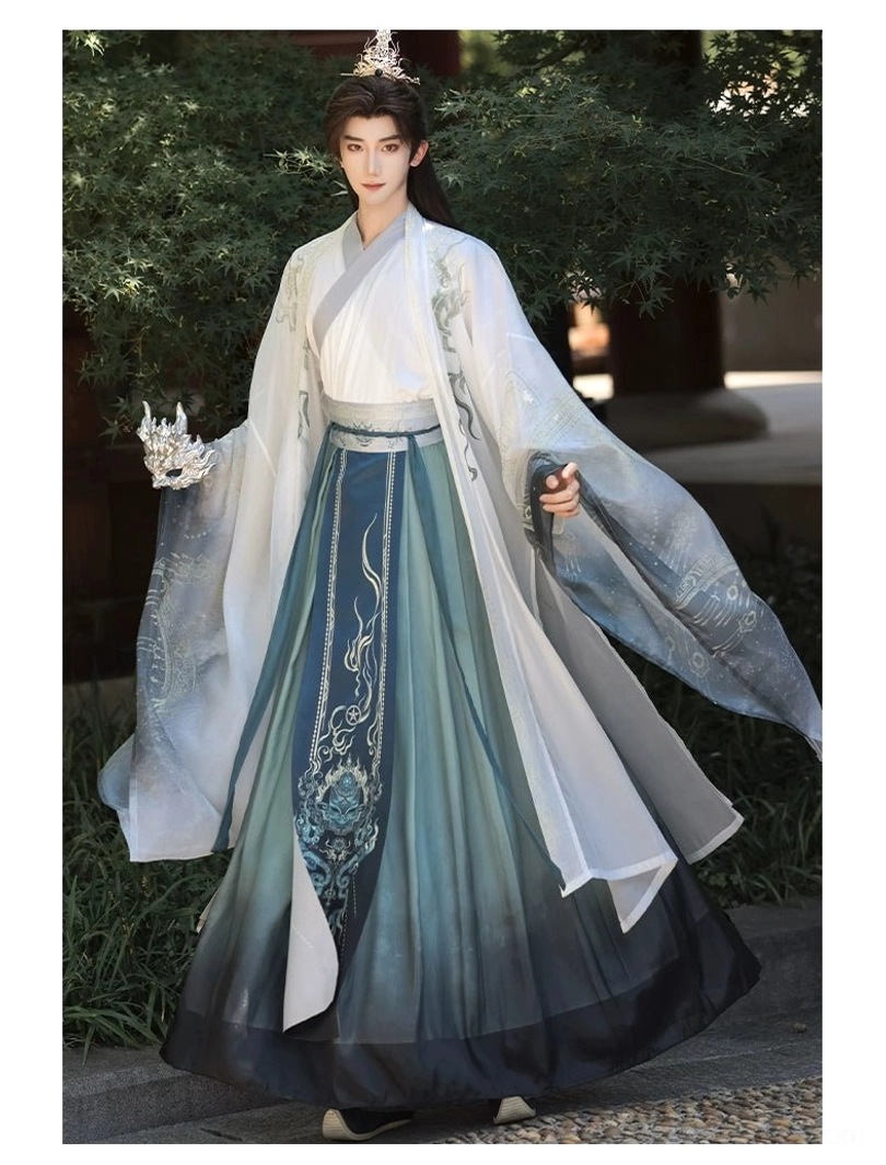White Wei Jin unisex Hanfu complete set with dark teal cloud patterned skirt and wide sleeves