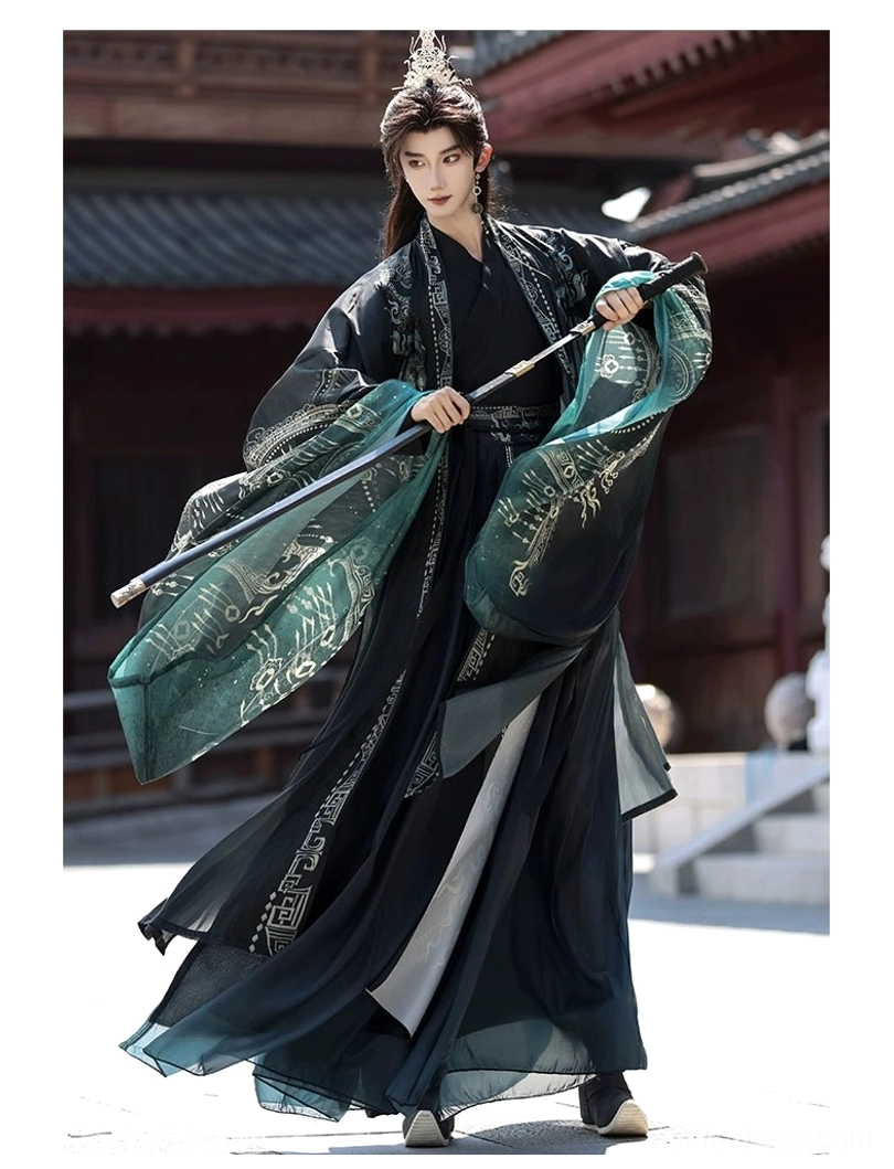 Black and teal unisex immortal Hanfu with extra wide flowing sleeves and long layered skirt