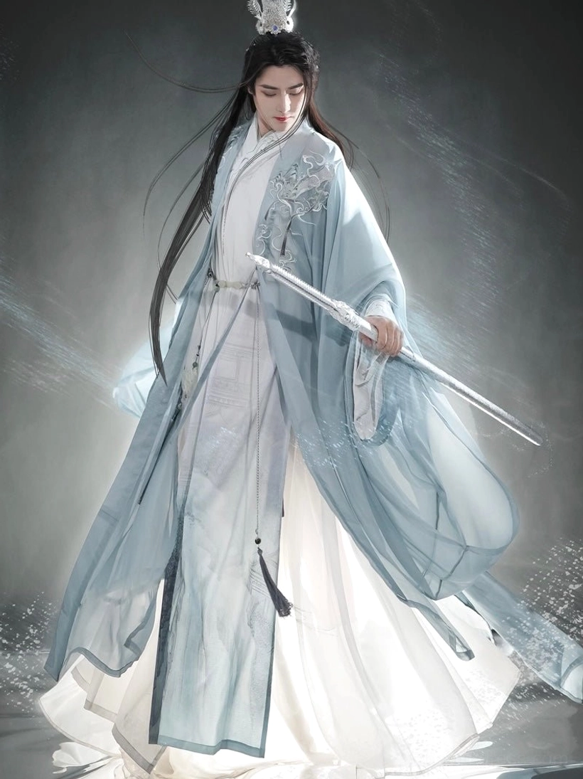 Full body Wei Jin style hanfu for men with cloud embroidery, wide sleeves, and a long silver sword accessory