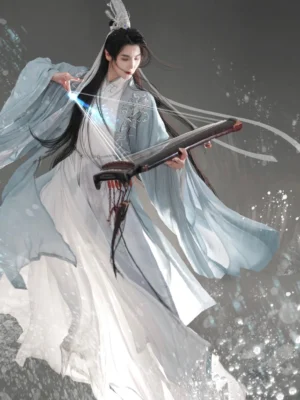 Wei Jin xianxia male hanfu in pale blue and white with flowing sleeves, silver embroidery, and a guzheng zither fantasy theme