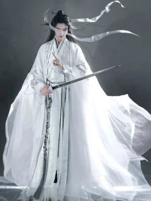 Full front view of white Wei Jin xianxia hanfu for men with silver embroidery, wide flowing sleeves, layered robe, waist ornaments and Chinese sword prop