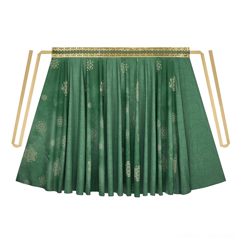 Deep green eight-panel Hanfu wrap skirt flat lay with floral print pleats and long golden waist ties