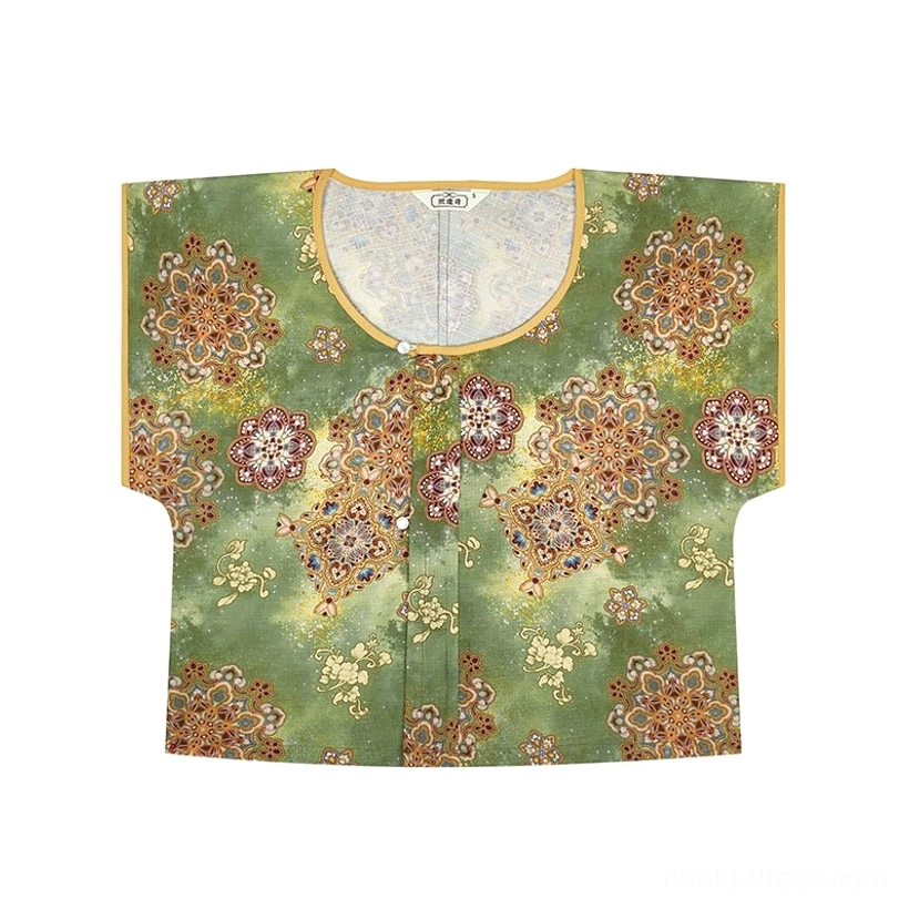 Deep green Tang style beizi overlay flat lay with gold trim round neckline and floral brocade pattern