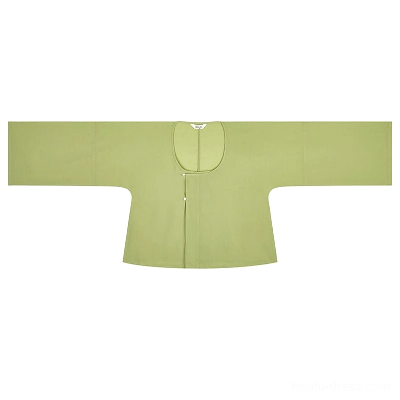Light matcha green round collar Hanfu top flat lay with wide flowing sleeves and front closure