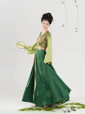 Side view of Weiyang modern Tang Dynasty Hanfu set with golden waist sash and long green wrap skirt