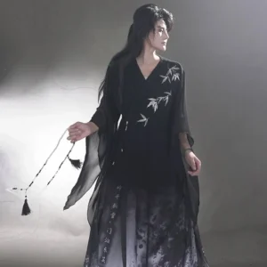 Black Whispering Bamboo unisex cotton linen cross collar Hanfu outfit shown in a full body side view with bamboo leaf embroidery and ink wash calligraphy styling
