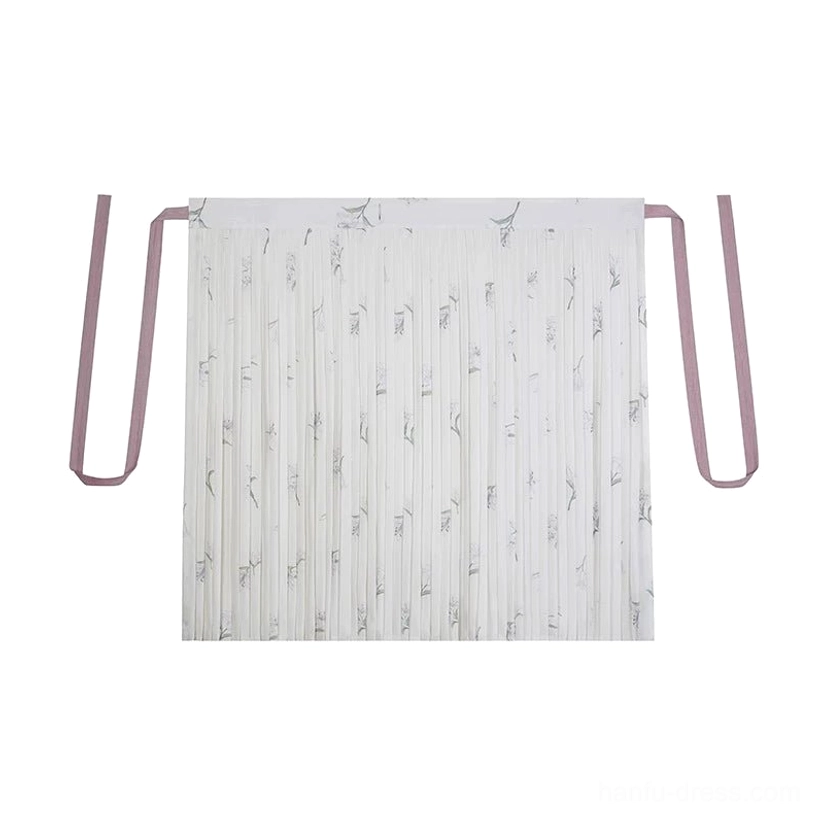 Front flat lay of the white Song Dynasty Hanfu pleated wrap skirt with tiny dark bamboo leaf print and pink side waist ties