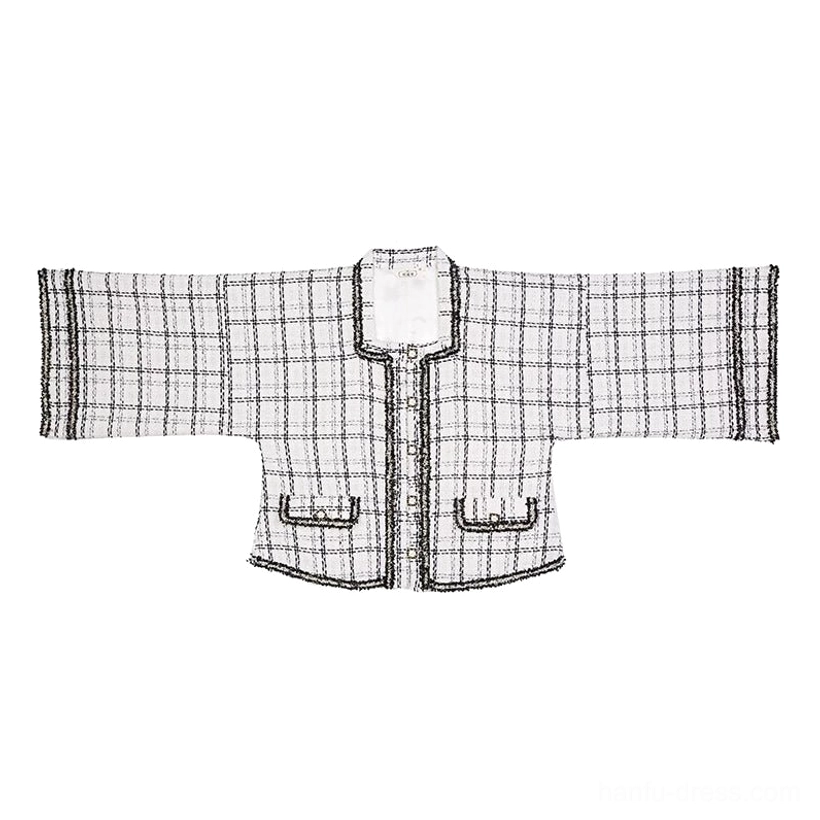 White and black plaid square-collar cropped Hanfu jacket with contrast piping and front button closure