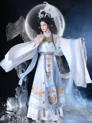White and light blue Wei Jin Dynasty Hanfu celestial goddess costume with flowing wide sleeves, golden blue trim, dragon embroidered skirt, and feather headpiece