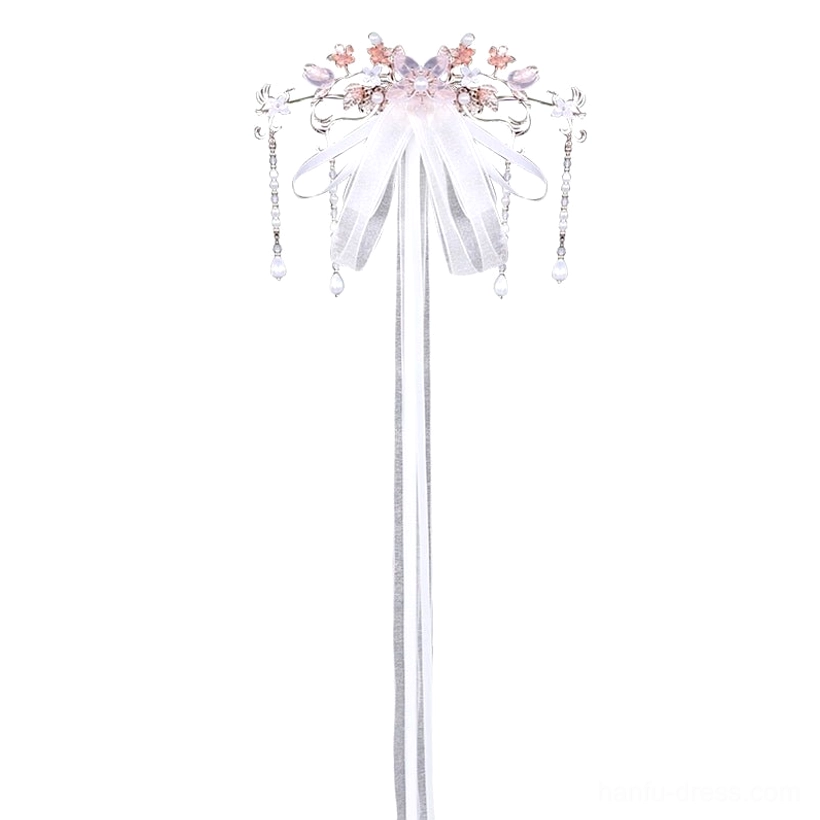 White Chinese hanfu hair pin shown in a flat lay with sheer ribbon, pink flowers, and crystal tassel details