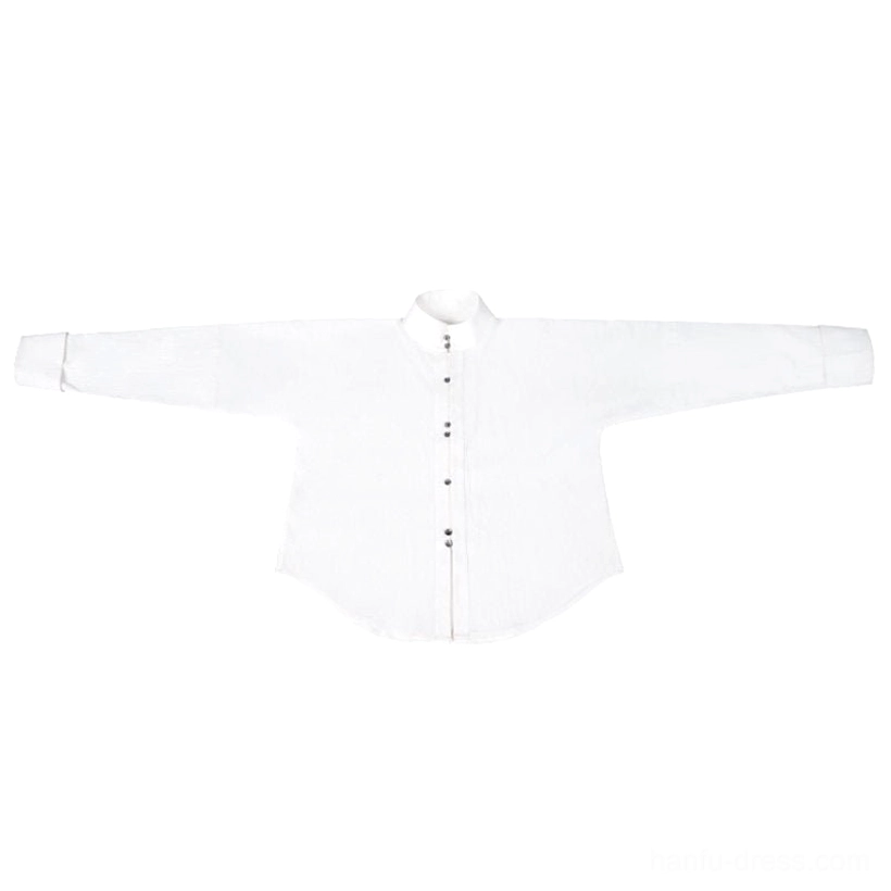 White Chinese style stand collar long sleeve shirt with front metal button placket and relaxed silhouette for modern Hanfu outfits