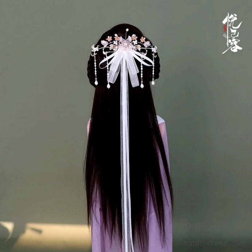 White Chinese traditional back hair pin with long translucent ribbon, pink floral decorations, and crystal pendants in long hair