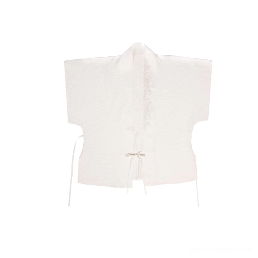 White cross-collar short flare sleeve Hanfu top with subtle textured fabric and back tie detail