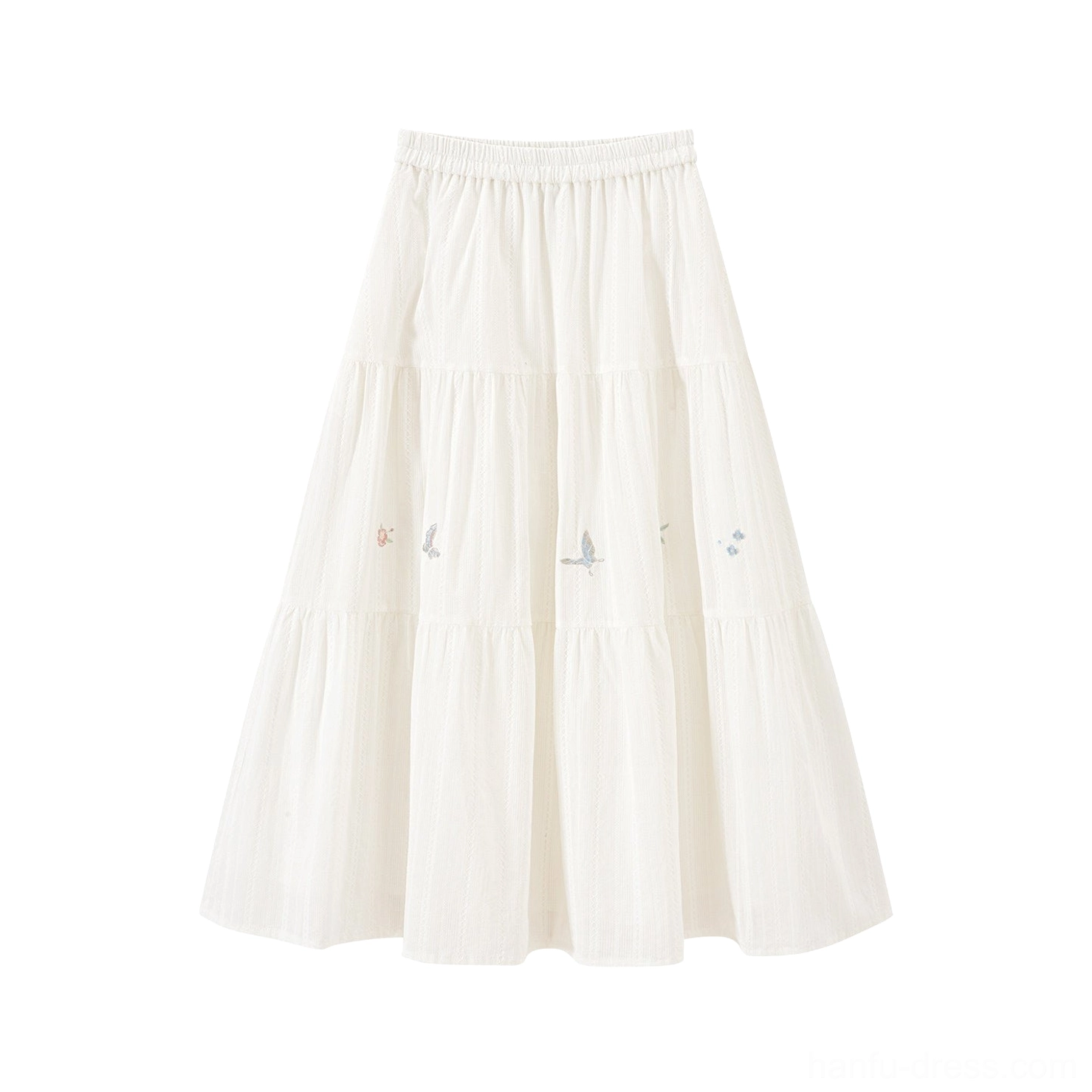 White embroidered cotton Hanfu midi skirt with elastic high waist tiered layers floral and bird motifs
