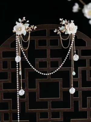 White gardenia floral back chain hairpins for Hanfu hairstyle with layered pearl tassels and glass drop pendants