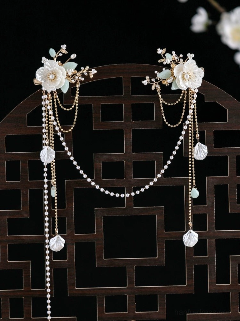 White gardenia floral back chain hairpins for Hanfu hairstyle with layered pearl tassels and glass drop pendants