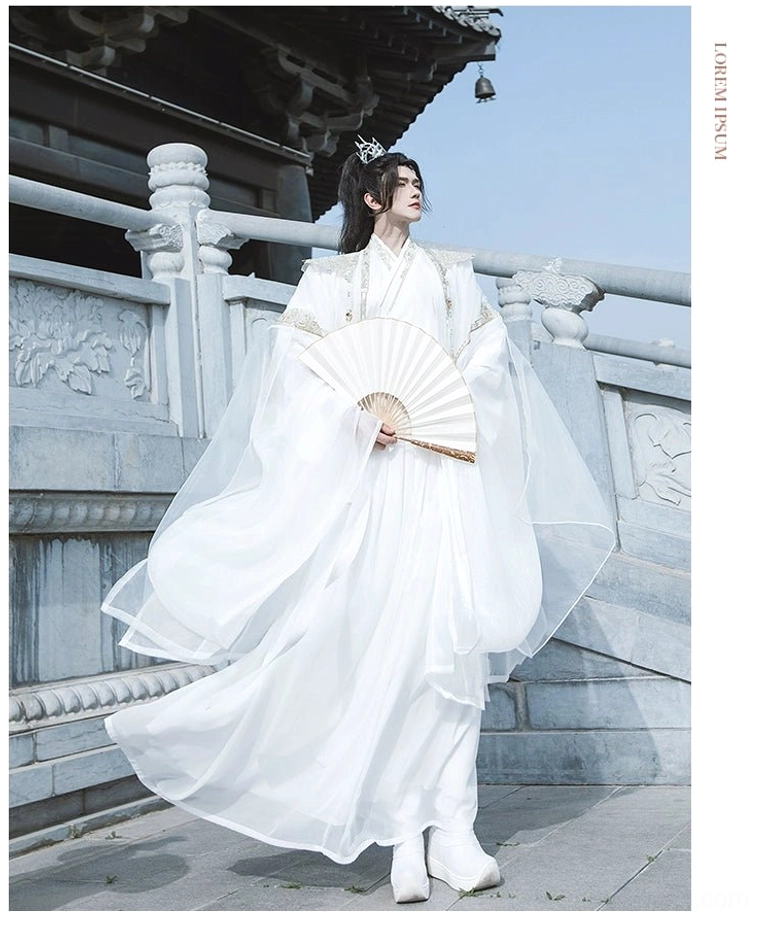 Full body view of white hanfu for men with layered flowing robes and wide sleeves in an elegant Chinese fantasy style