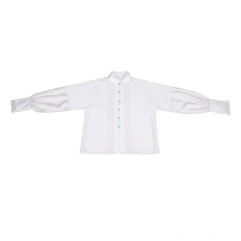 Flat lay of white Hanfu long sleeve top with pleated stand collar, front button placket, ruffled neckline, and romantic lantern sleeves