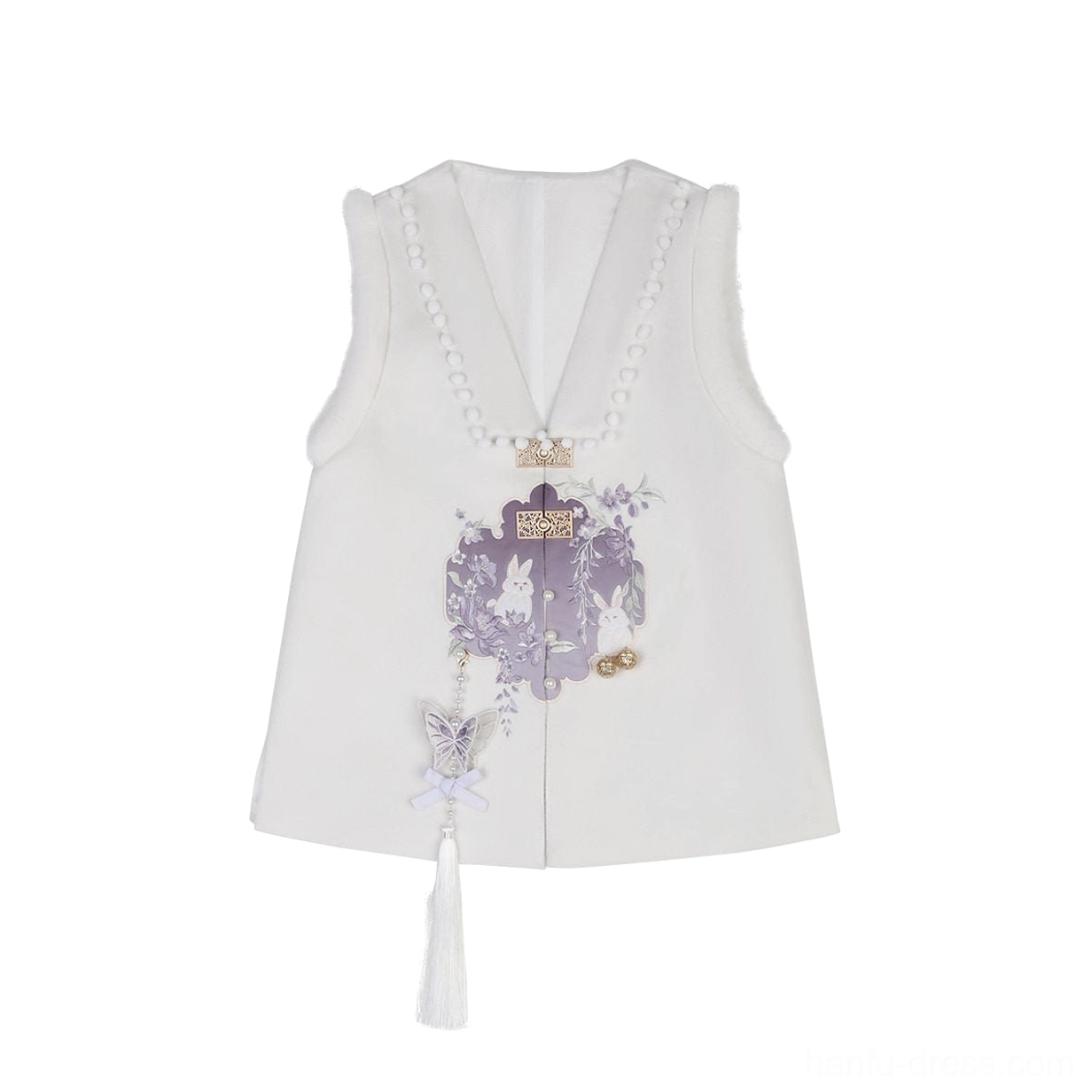 White V-neck Hanfu outer vest with rabbit embroidery, pearl-chain neckline trim, fuzzy edges, and decorative tassel pendant